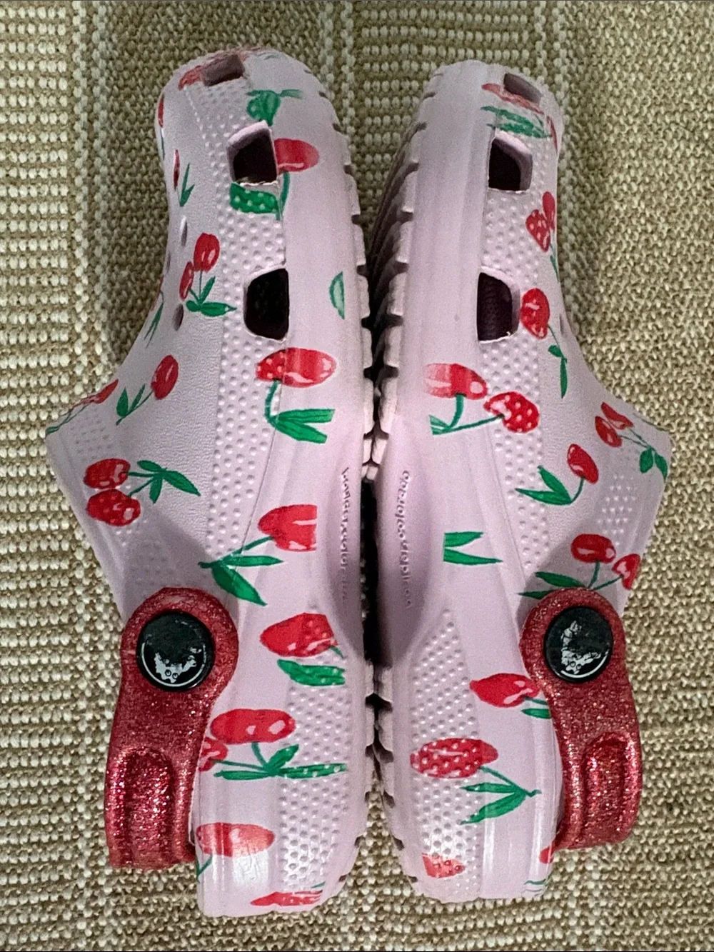 CROCS Class Kids Pink Cherry-Print Clogs with Red Glitter Heel Strap.  Size-2